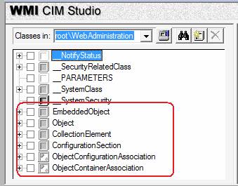 Screenshot of the list of classes in the Web Administration name space displaying base classes for Web Administration provider circled in red.