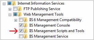 Screenshot of the Management Tools pane expanded with I I S Management Scripts and Tools selected.