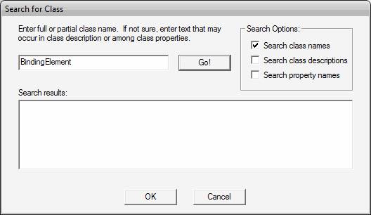 Screenshot shows the Search for Class Dialog box with Binding Element typed into the search text box.