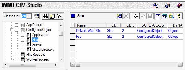 Screenshot of the Site pane in W M I C I M Studio showing All instances of Site object in blue. Default Web Site instance is displayed in blue.