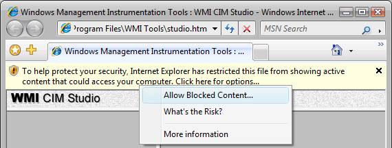 Screenshot of yellow information bar indicating that Internet Explorer is blocking active content. Allow Blocked Content tab is selected.