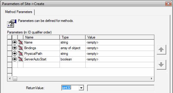 Screenshot of the Create Method Parameters including Name, Type, and Value.