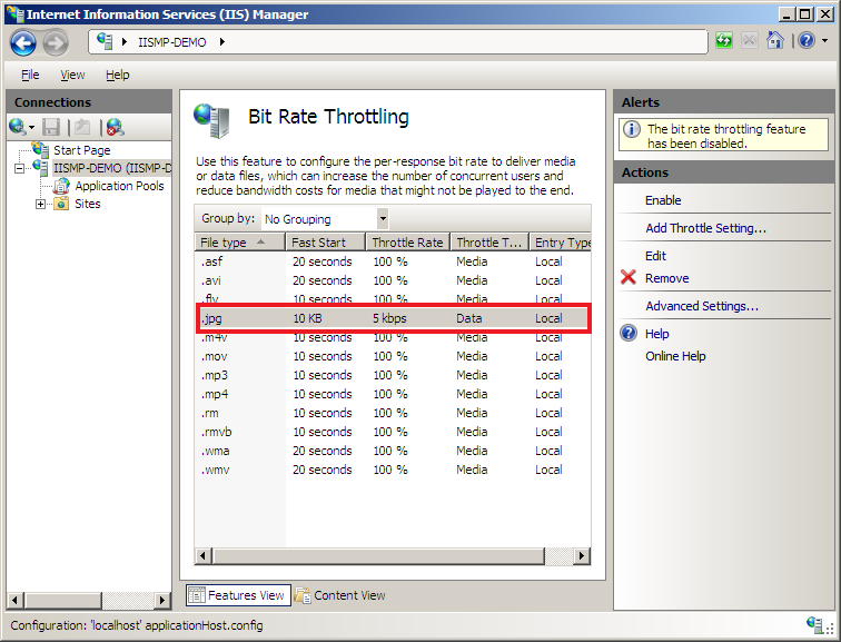 Screenshot of the Bit Rate Throttling pane with the new J P G setting emphasized.