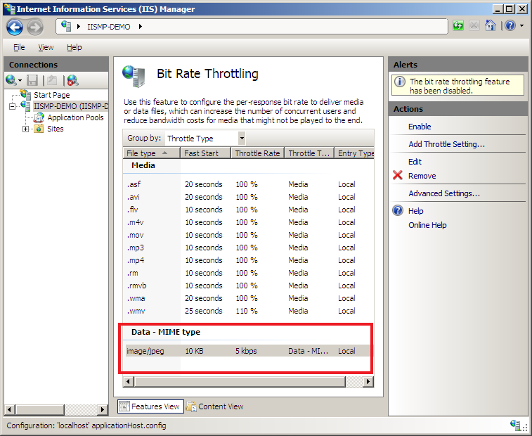 Screenshot of the added Throttle Setting in the Bit Rate Throttling pane.
