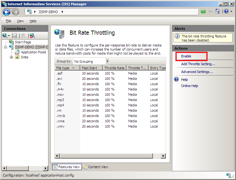 Screenshot of the Enable option emphasized in the Actions pane.