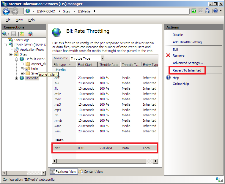 Screenshot of the added Throttle Setting in the Bit Rate Throttling pane. Revert to Inherited is emphasized in the Actions pane.