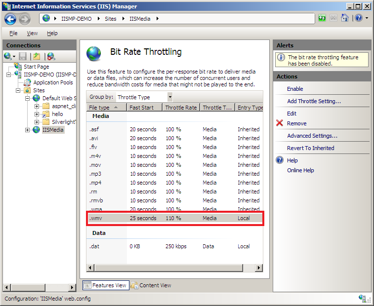 Screenshot of the modified w m v Throttle Setting in the Bit Rate Throttling pane. The Entry Type is local.