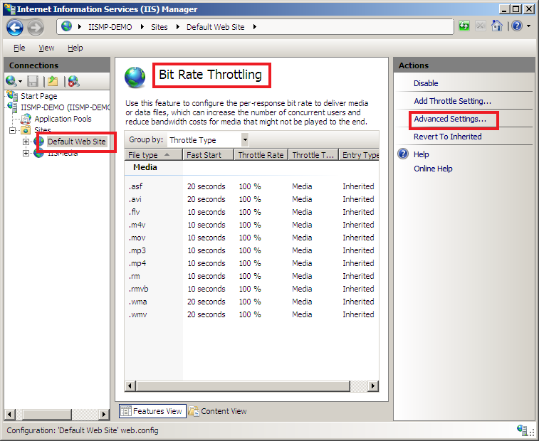 Screenshot of the Bit Rate Throttling pane for the Default Web Site. Advanced Settings is emphasized in the Actions pane.