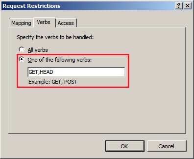 Screenshot of specifying the verbs to be handled as GET or HEAD in the Request Restrictions dialog.