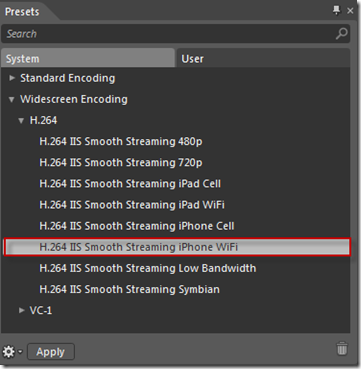 Screenshot of the Presets tab with a focus on the H dot 2 6 4 I I S Smooth Streaming iPhone Wifi option being selected.