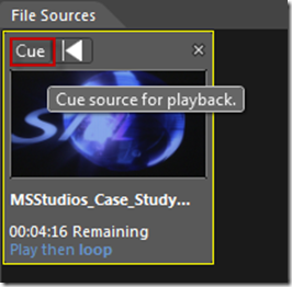 Screenshot of the File Sources tab with a focus on the Cue option over the video file.