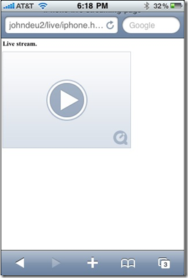Screenshot of a web browser on an Apple device showing the live stream webpage with a Play button.