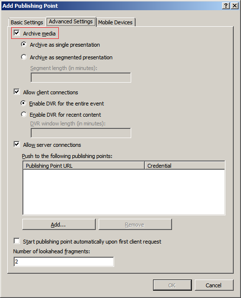 Screenshot of the Add Publishing Point dialog box on the Advanced Settings tab. The Archive Media box is checked and highlighted.