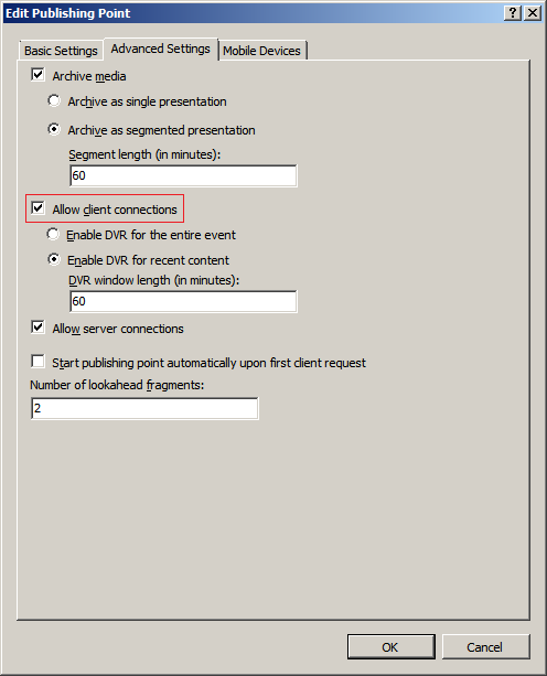 Screenshot of the Edit Publishing Point dialog box on the Advanced Settings tab. The box for Allow client connections is checked and highlighted.