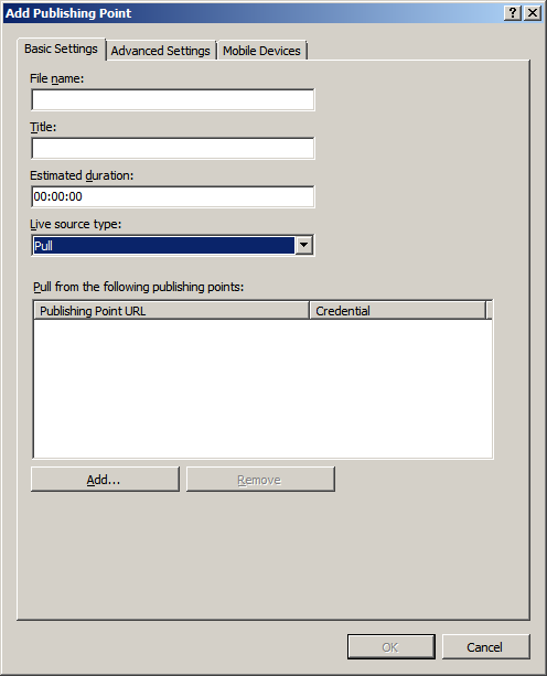 Screenshot of the Add Publishing Point dialog box displaying the Basic Settings tab. The Live source type field is highlighted.