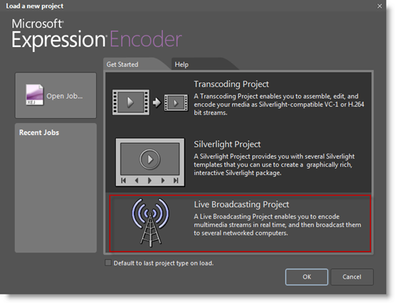 Screenshot of the Microsoft Expression Encoder Get Started tab with a focus on the Live Broadcasting Project option.