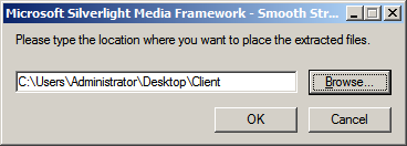 Screenshot of the Microsoft Silverlight Media Framework dialog showing the location for extracted files.