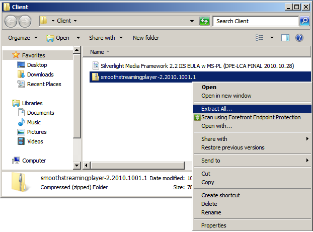 Screenshot of the Client folder with a focus on the Extract All option in the right-click drop-down menu.