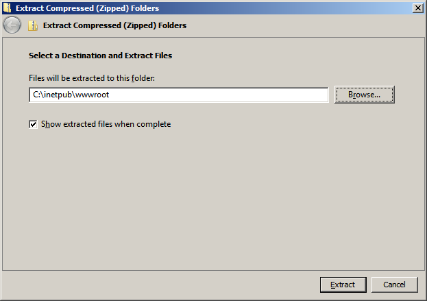 Screenshot of the Extract Compressed or Zipped Folders screen showing the extracted file destination.