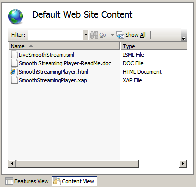 Screenshot of the Default Web Site Content screen's Content View.