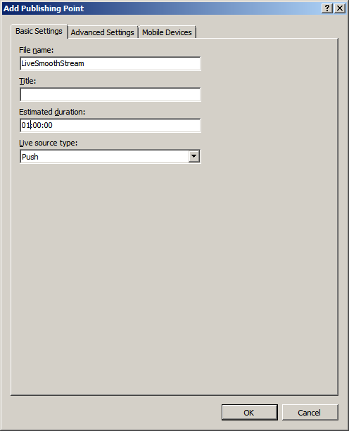 Screenshot of the Add Publishing Point dialog box and its Basic Settings tab.