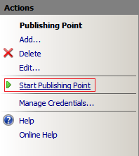 Screenshot of the Actions pane with a focus on the Start Publishing Point option.
