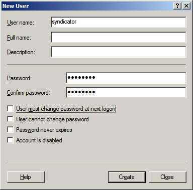 Screenshot of the New User dialog box. User name is set to syndicator.