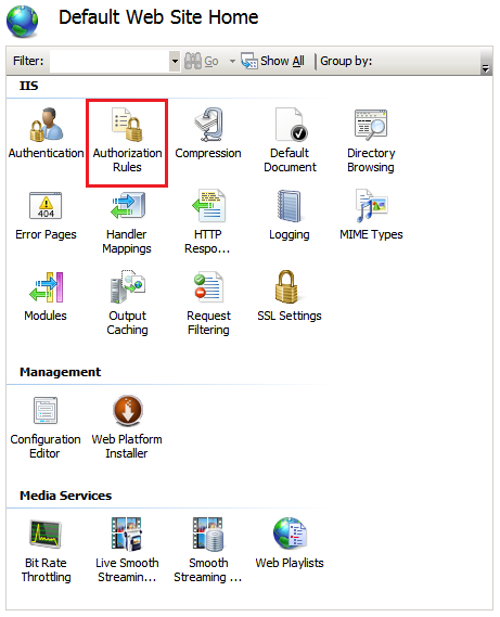 Screenshot of the I I S Manager with the Authorization Rules option being highlighted.