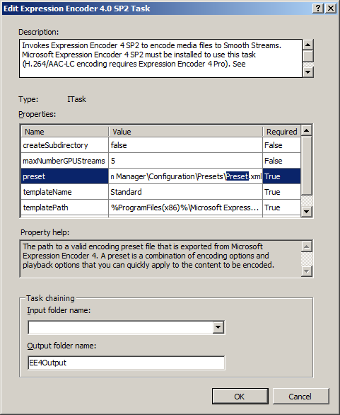 Screenshot of the Edit Expression Encoder 4 dot 0 S P 2 Task dialog box. In the Name column, present is highlighted.