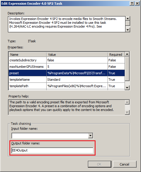 Screenshot of the Edit Expression Encoder 4 dot 0 S P 2 Task dialog box. The Output folder name box is highlighted.