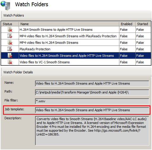 Screenshot of the Watch Folders page. The Job Template box is highlighted.