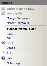 Screenshot of the Actions pane. The Start button is selected.
