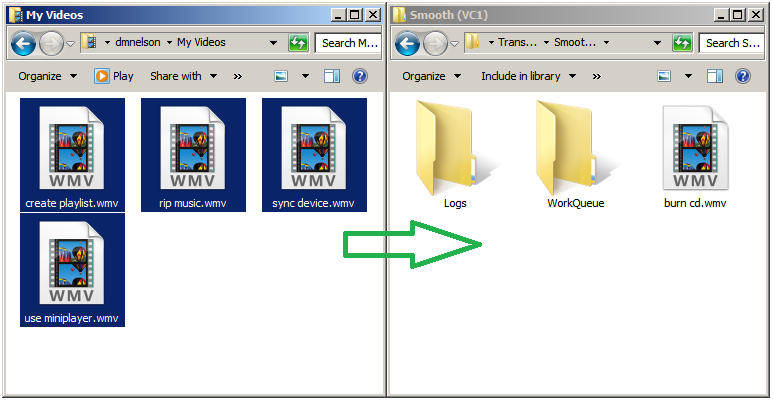 Screenshot of the watch folder directory in Windows Explorer and the Smooth V C 1 page. An arrow is pointed from the watch folder directory to the Smooth V C 1 page.