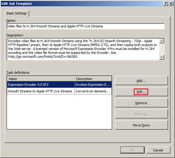 Screenshot of the Edit Job Template dialog box. The Edit button is highlighted.