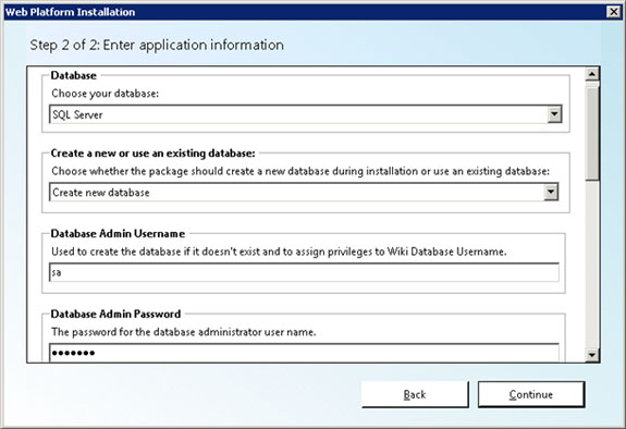 Screenshot shows application information window to enter database details.