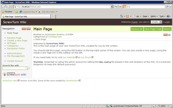 Screenshot shows the ScrewTurn application home page.