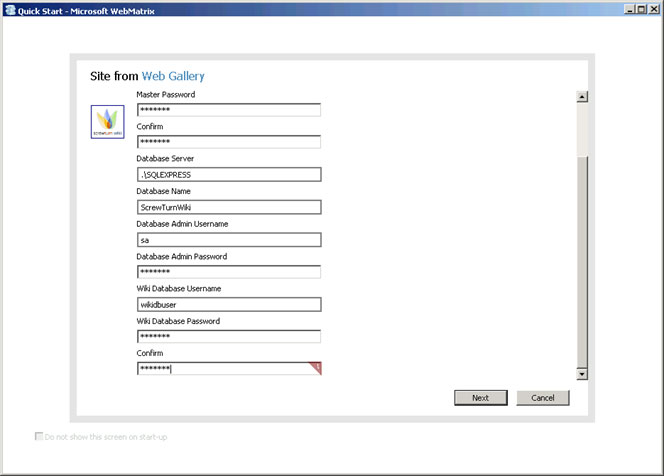 Screenshot shows the ScrewTurn wiki software installation fields.