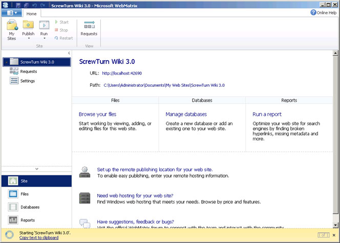 Screenshot shows the installation of ScrewTurn wiki 3 point zero application started.