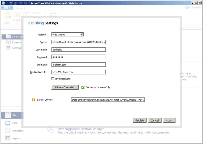 Screenshot shows the Publishing Settings dialog box to validate connection to the server and publish.