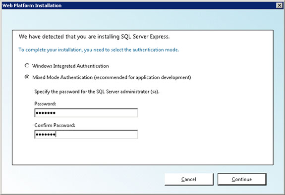 Screenshot shows authentication modes and password fields to complete installation.