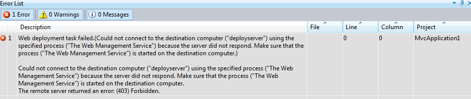 Screenshot of an error page in Visual Studio. An error description is shown.