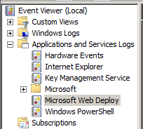 Screenshot of the Event Viewer menu. Microsoft Web Deploy is highlighted.