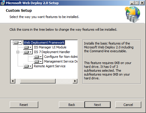 Screenshot of the Microsoft Web Deploy 2 dot 0 Setup dialog box. Web Deployment Framework is highlighted.