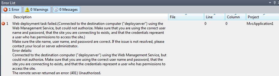 Screenshot of the Error List in Visual Studio displaying permission issue errors.