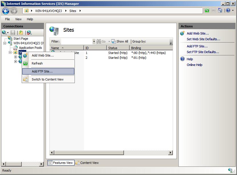 Screenshot of the Sites node with a focus on the ADD F T P Site in the Actions pane.