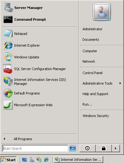 Screenshot of the Windows Start Menu screen.