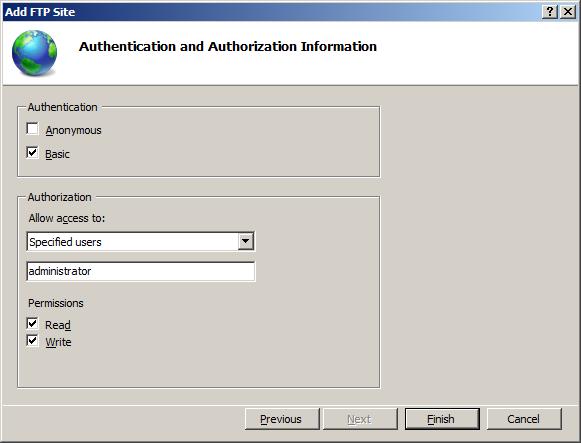 Screenshot of the Add F T P Site screen, showing the allow access to field set to administrator.