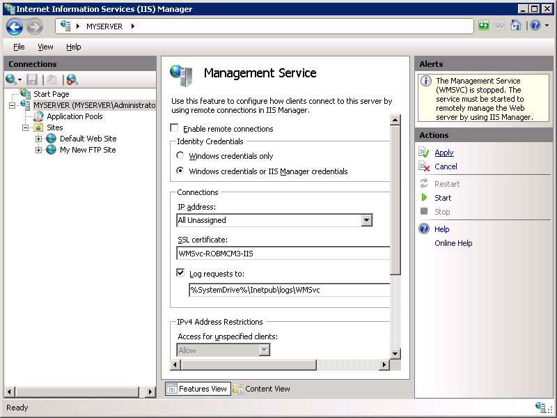 Screenshot of the Management Service screen with a focus on the Apply option in the Actions pane.