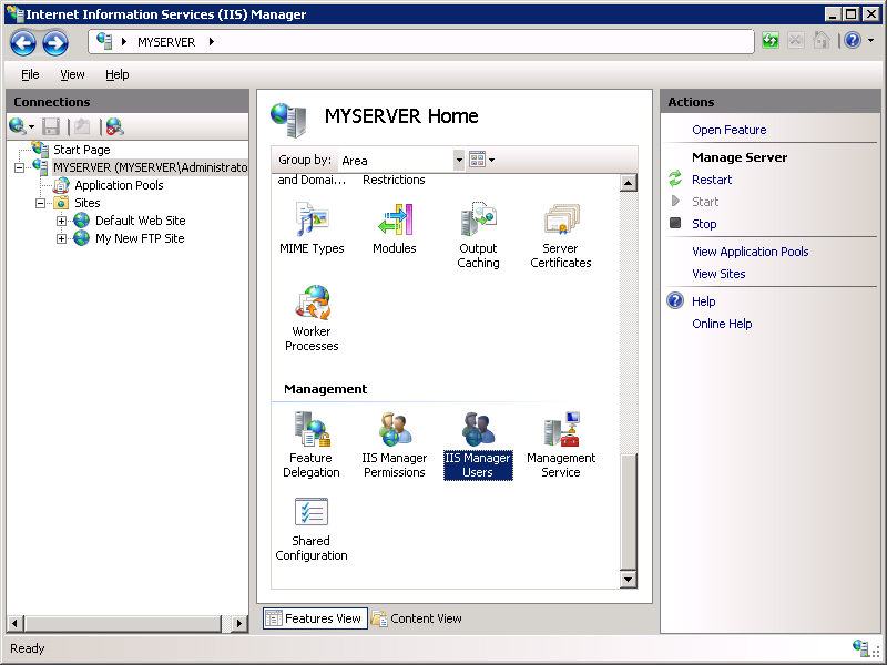 Screenshot of the MYSERVER Home webpage with a focus on the I I S Manager Users option.