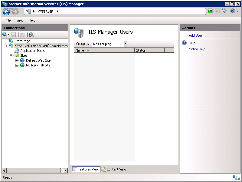 Screenshot of the I I S Manager Users screen with a focus on the Add User option in the Actions pane.
